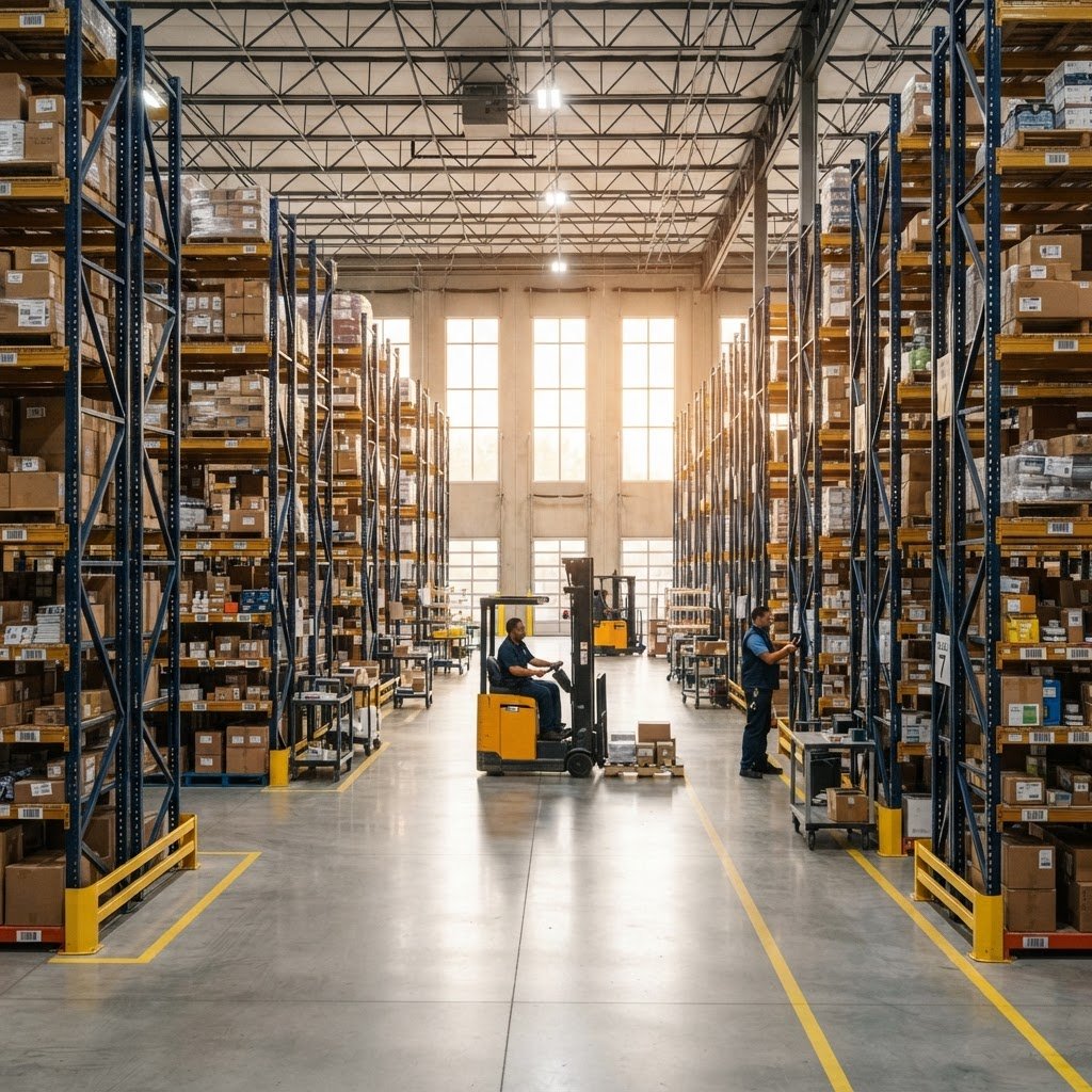 Wide environmental shot of a modern, clean, organized distribution warehouse with warm morning light filtering through high windows, structured shelving units, 50mm lens