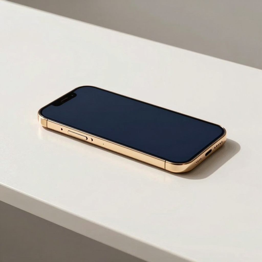 Minimalist high-end consumer electronics on a clean desk, soft natural daylight, warm gold accents