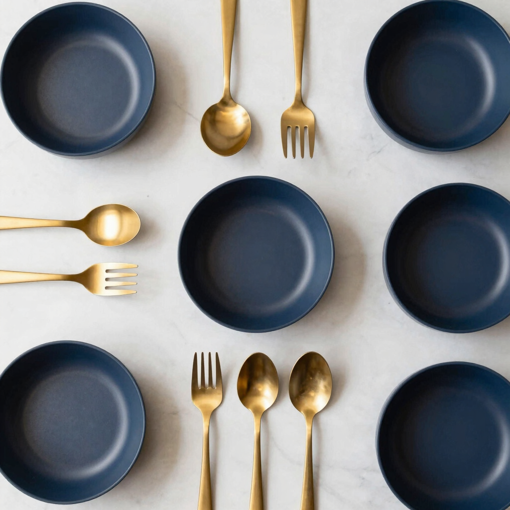 Overhead flat-lay of premium kitchen utensils and cooking products on a marble counter