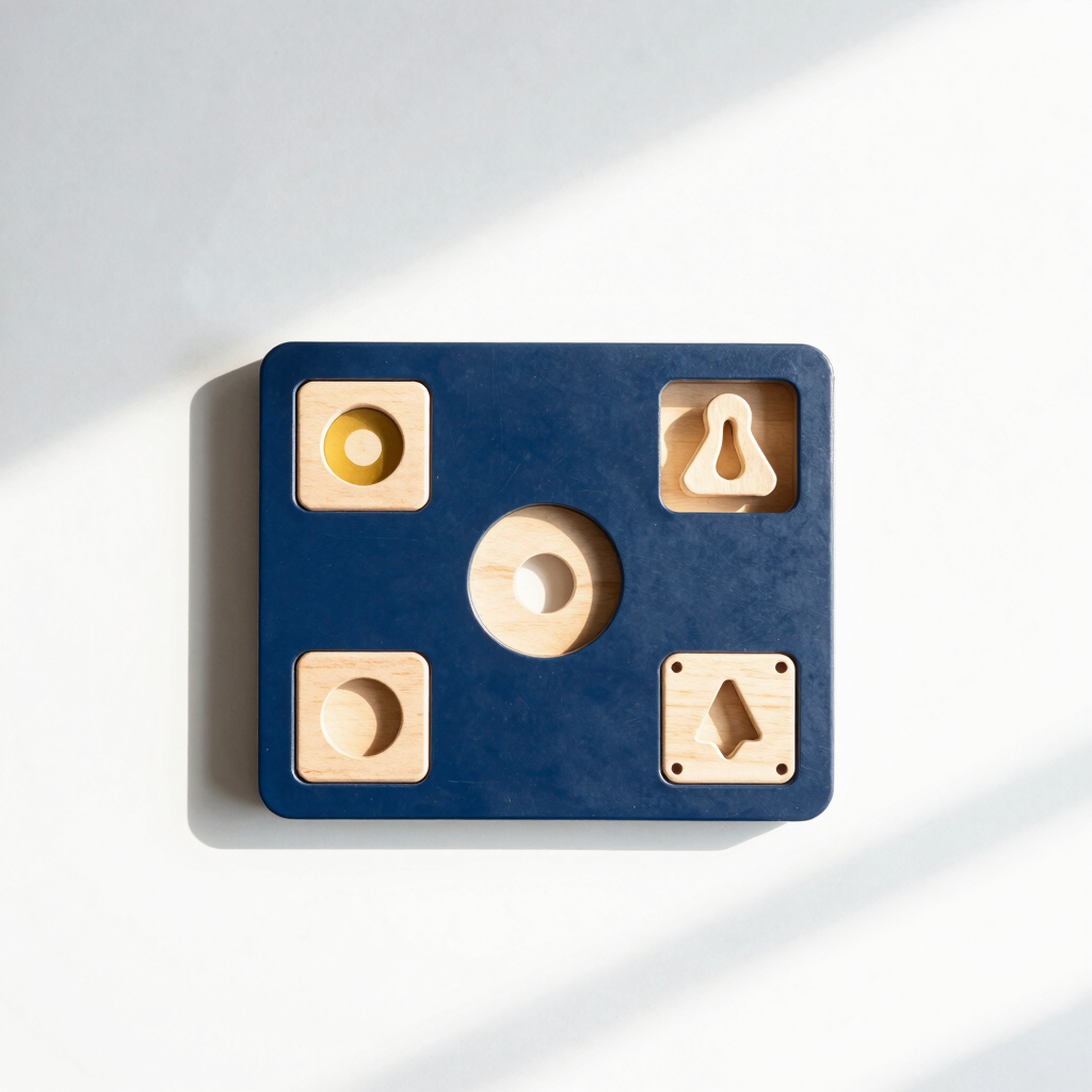Minimalist flat-lay of modern kids toys and educational wooden games on a white surface with soft shadows